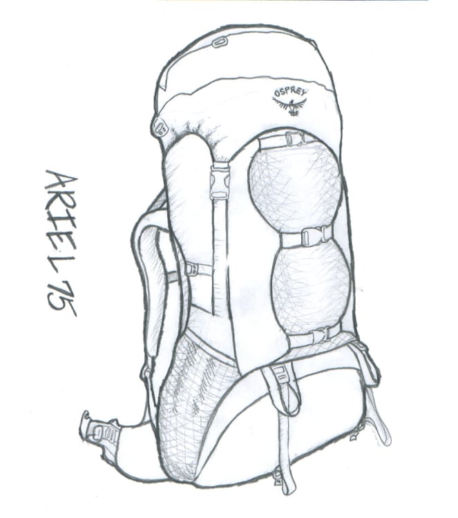 Schwarze Bleistiftskizze des Rucksacks Ariel 75. Der Rucksack verfügt über drei horizontale Kompressionsgurte auf der Vorderseite des Hauptmaterials, zwei Schlaufen für die Befestigung von Ausrüstung am unteren Teil und einen Deckel, der mit Schnallen über dem Hauptmaterial befestigt wird.