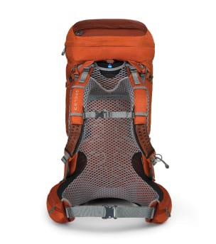 Ein Produktfoto eines grauen Mesh-Rückenteils auf einem orangefarbenen Osprey-Rucksack vor einem weißen Hintergrund. Hüftgurt und Brustgurte sind geschlossen.