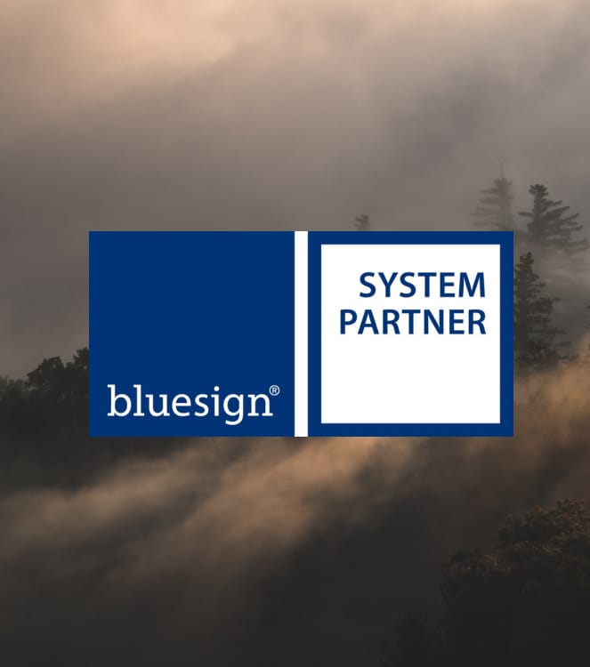 Das dunkelblaue und weiße bluesign SYSTEM PARTNER Logo über dem Foto eines nebligen, bewaldeten Berges.