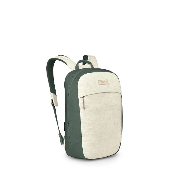 The image features a backpack designed with a minimalist aesthetic. The main body of the backpack is a light gray color, complemented by beige accents on the sides and straps. The backpack appears to be made of a fabric material and includes a front zippe