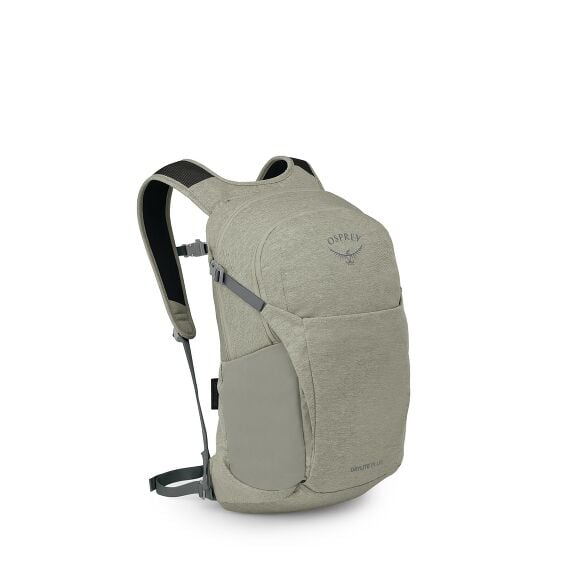The images show a light sage-green Osprey Daylite Plus backpack photographed from a front-left angle. It has a streamlined shape with a large main compartment, a smaller front zip pocket, and stretch side pockets. Padded shoulder straps, a sternum strap, 