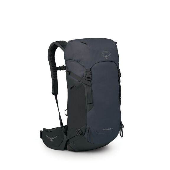 The image features an Osprey Kestrel LT 38 backpack in a dark blue color, designed for outdoor activities like hiking or trekking. The backpack has a top-loading design with a lid cover, which is branded with the Osprey logo. It features various compartme