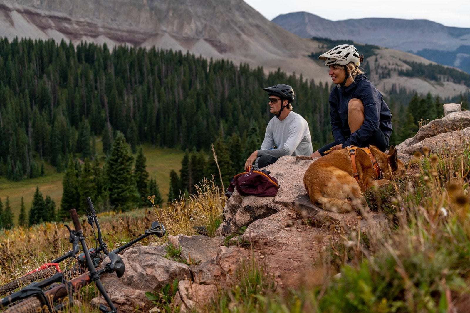 Two people and a dog sit on rocks, mountain bikes leaning on the ground next to them