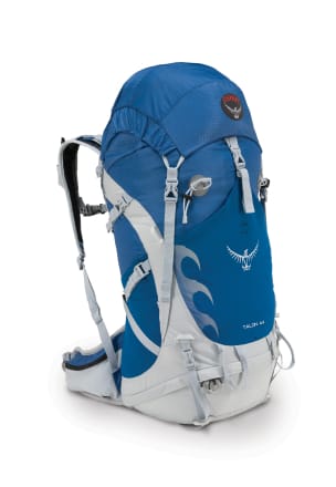 A cobalt blue backpacking pack with silver-white straps and features. The embroidery reads, &ldquo;Talon 44&rdquo; and bears the Osprey black, red and white logo.